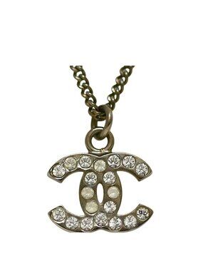 Chanel Necklace CC Logo Metal Rhinestone Silver Vintage